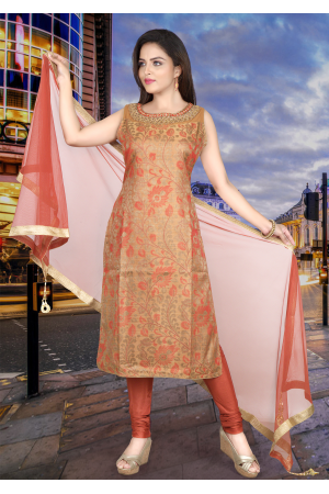 Rust Orange Brown Art Silk Straight Cut Chudidar